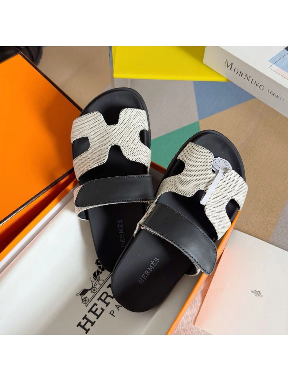 Hermes Women’s Chypre Sandals In Canvas with Black Leather