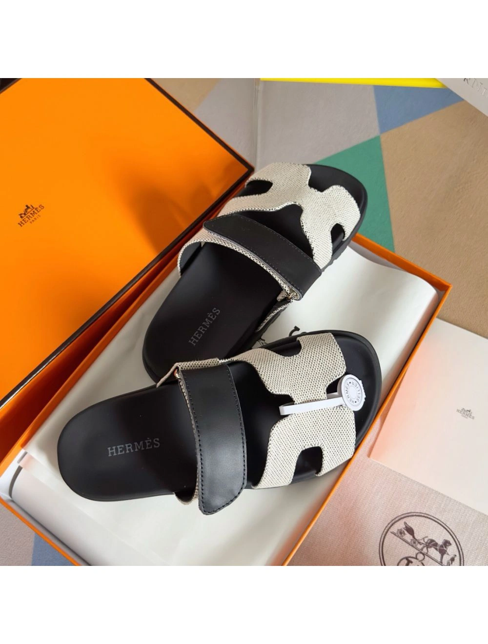 Hermes Women’s Chypre Sandals In Canvas with Black Leather