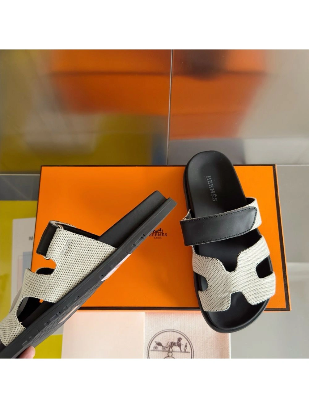 Hermes Women’s Chypre Sandals In Canvas with Black Leather