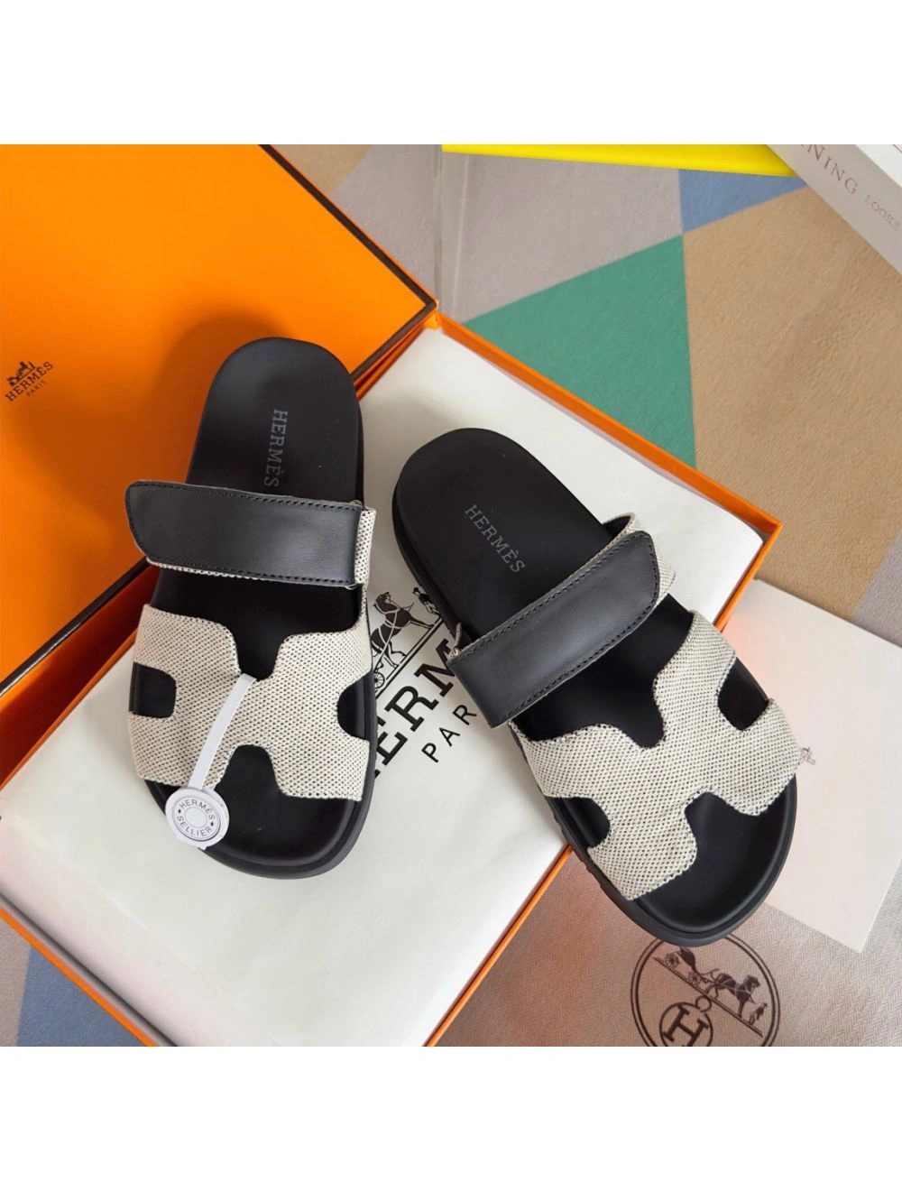 Hermes Women’s Chypre Sandals In Canvas with Black Leather