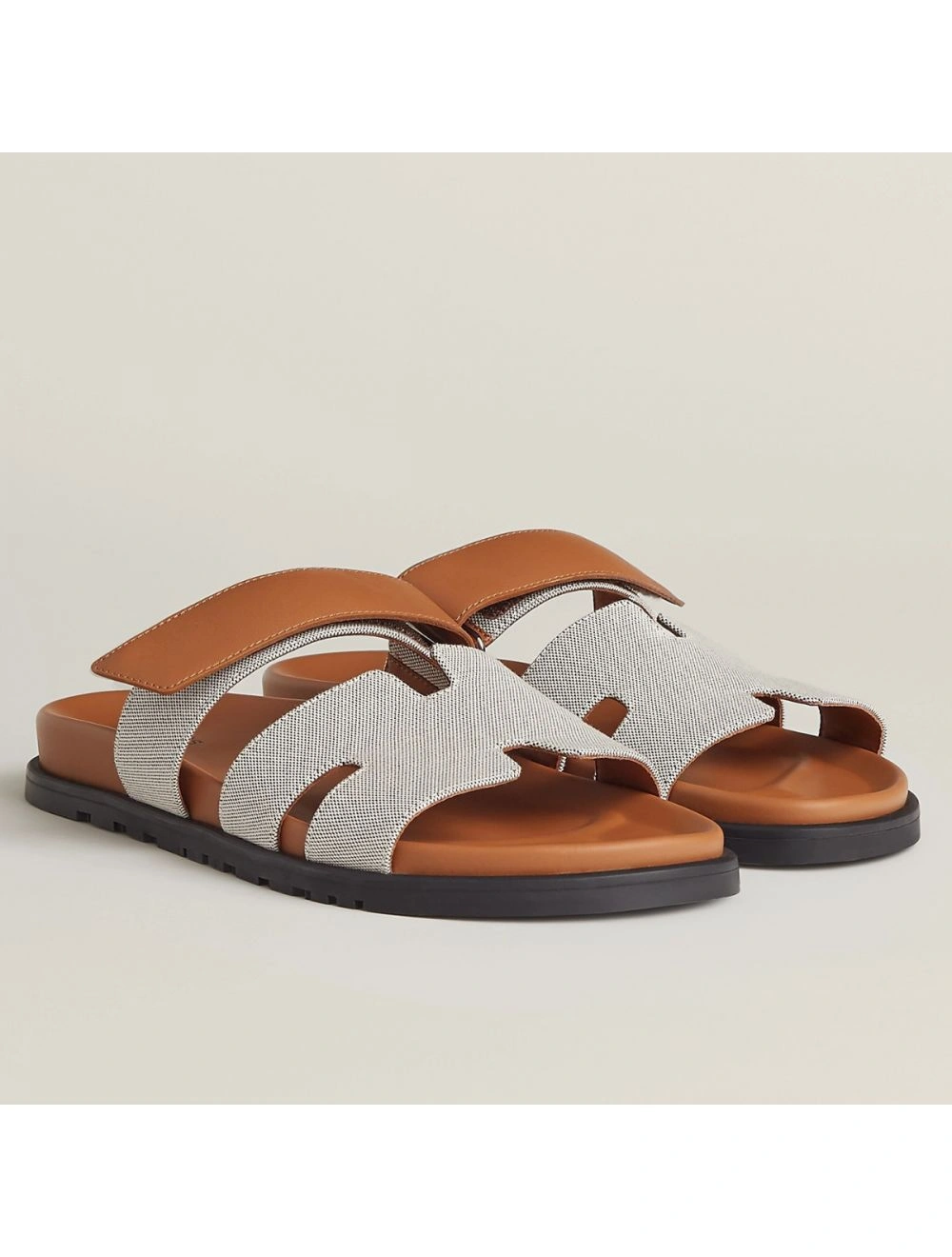 Hermes Women’s Chypre Sandals In Canvas with Brown Leather