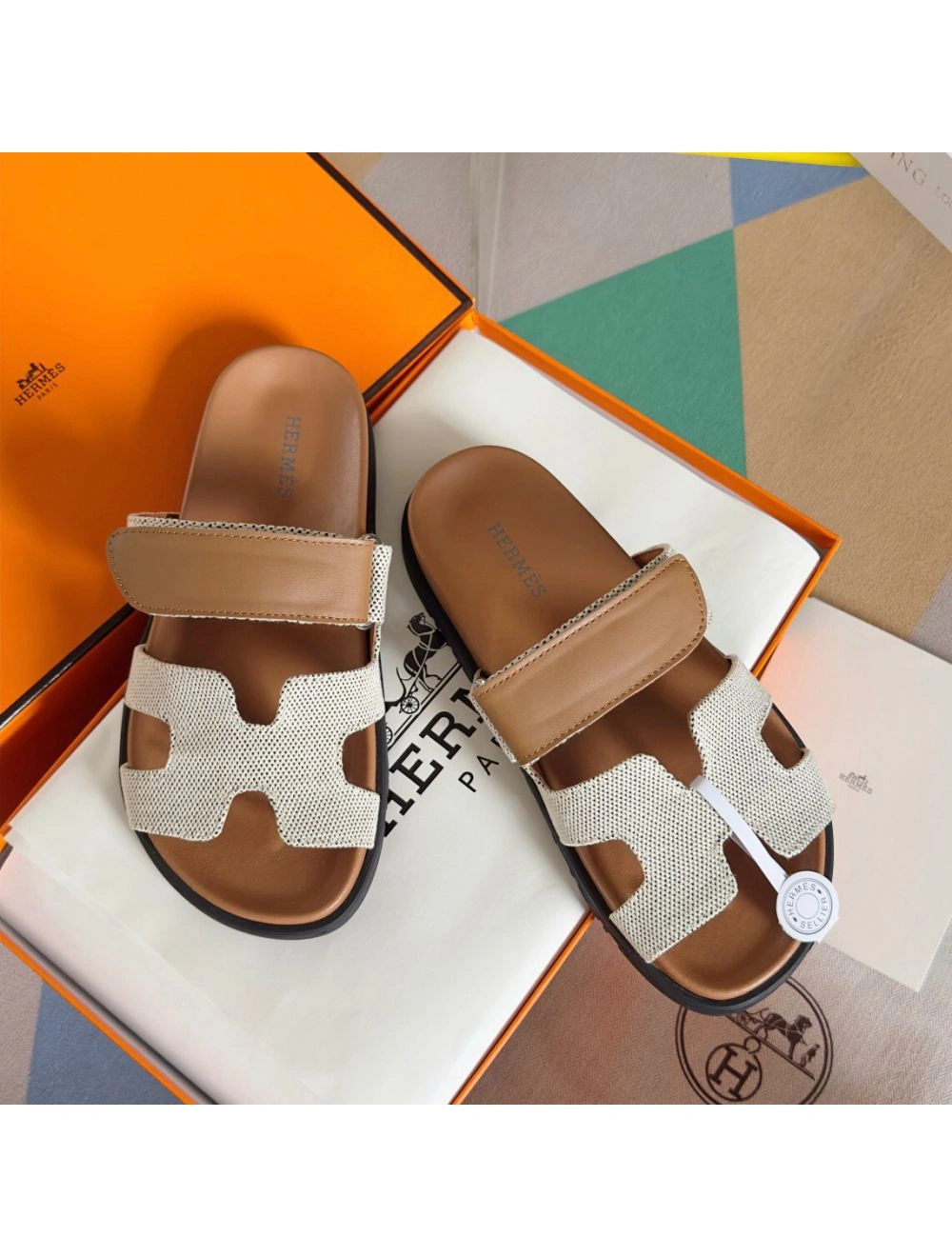 Hermes Women’s Chypre Sandals In Canvas with Brown Leather