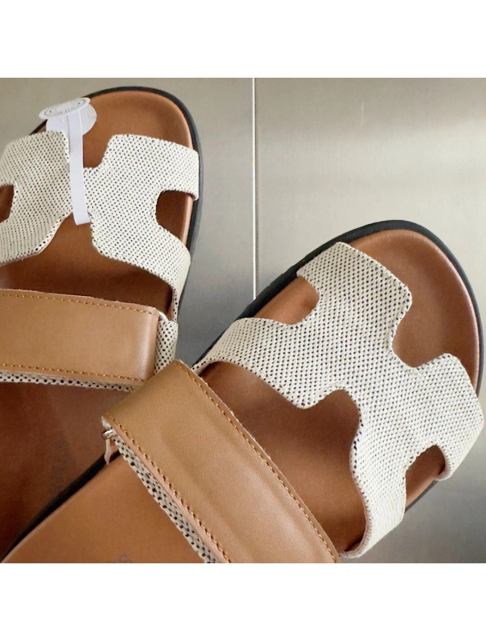 Hermes Women’s Chypre Sandals In Canvas with Brown Leather