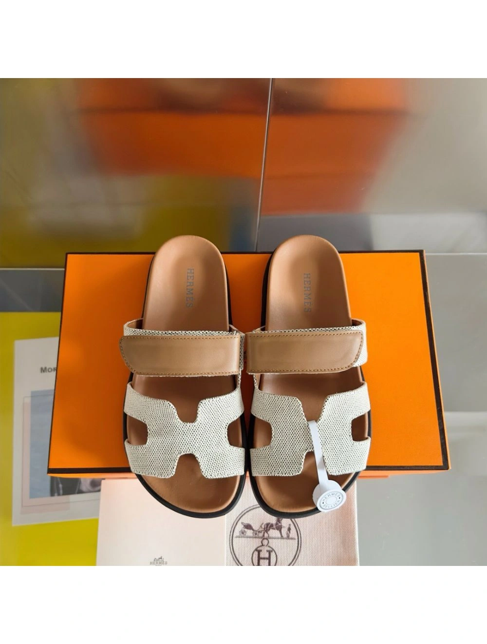 Hermes Women’s Chypre Sandals In Canvas with Brown Leather