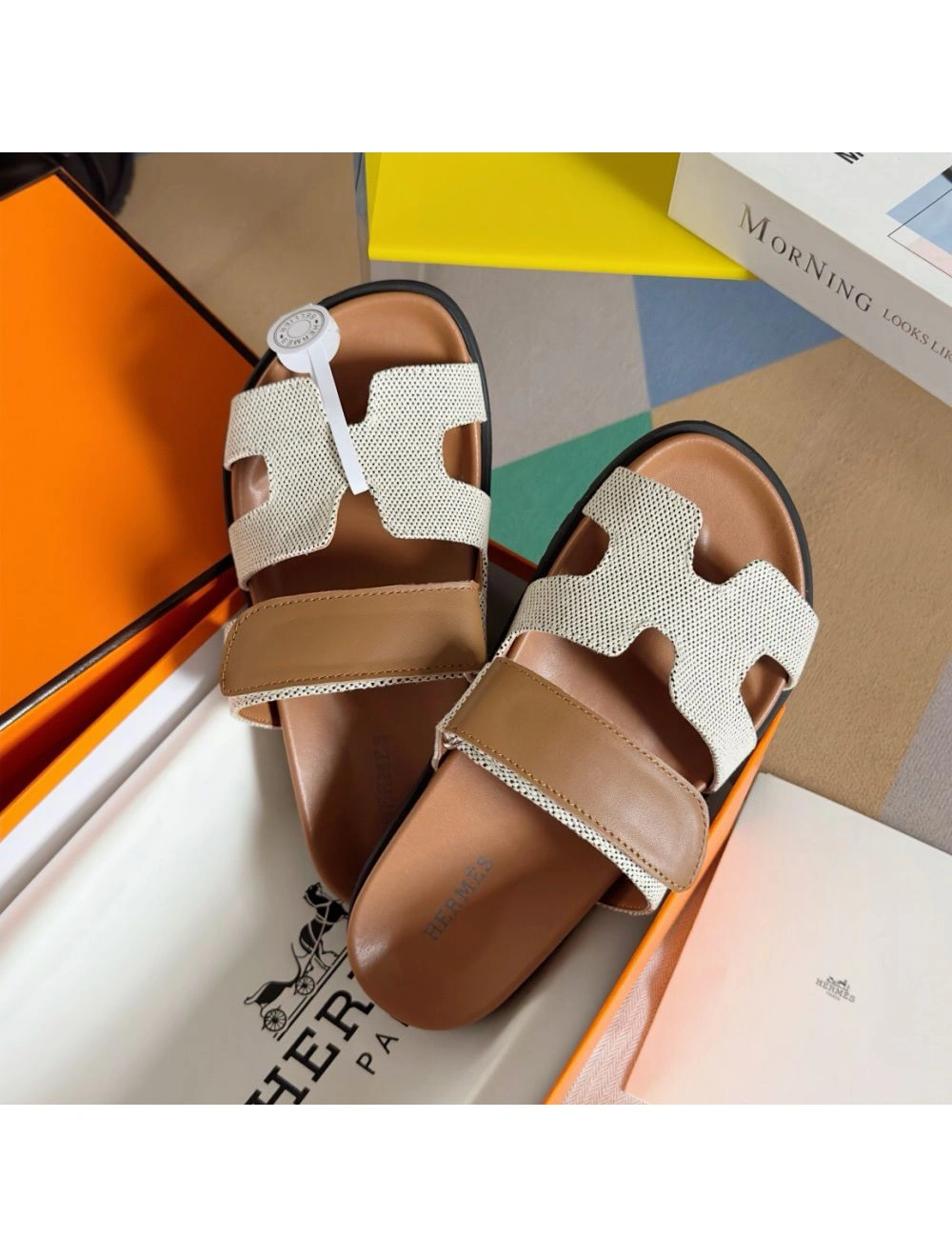 Hermes Women’s Chypre Sandals In Canvas with Brown Leather