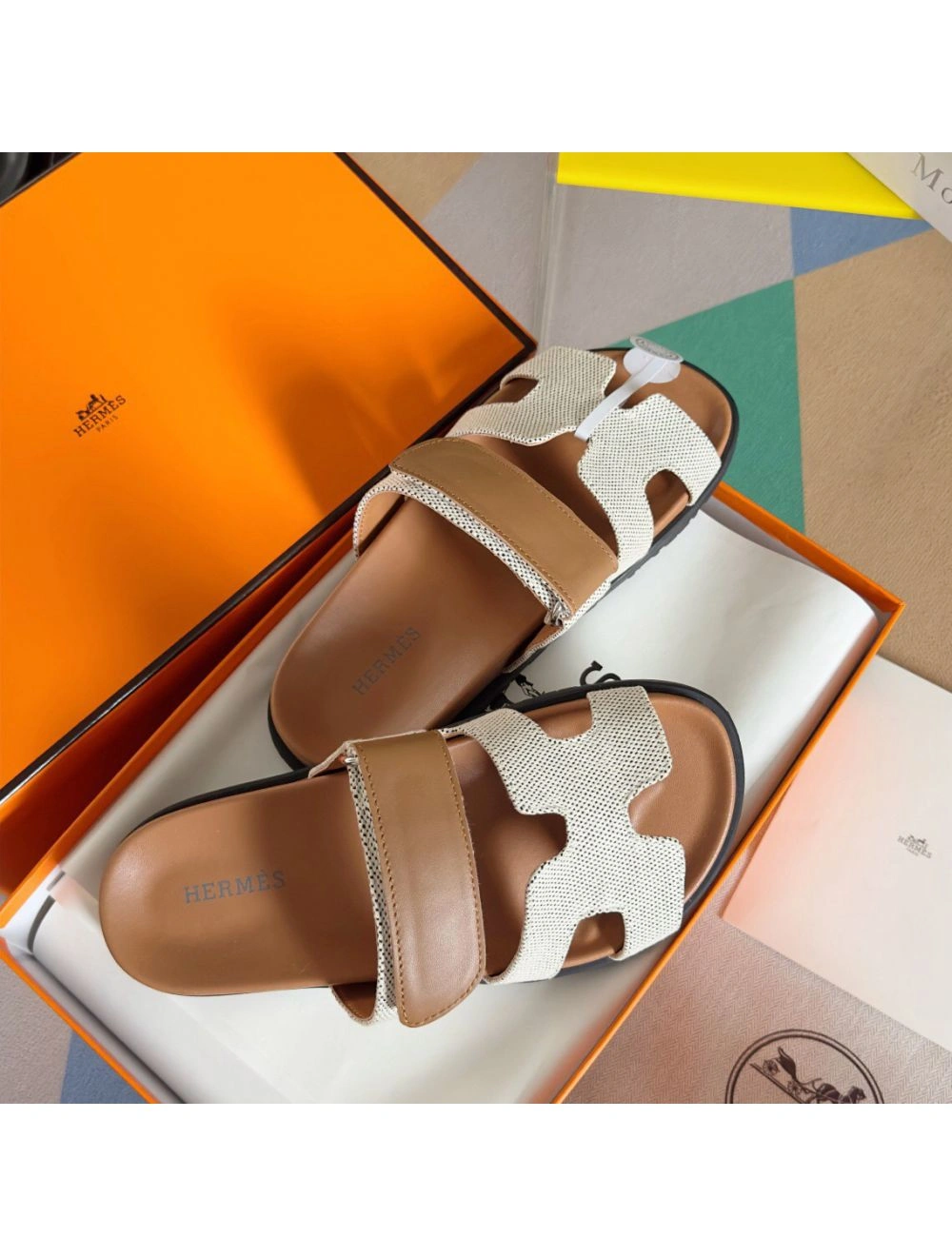 Hermes Women’s Chypre Sandals In Canvas with Brown Leather