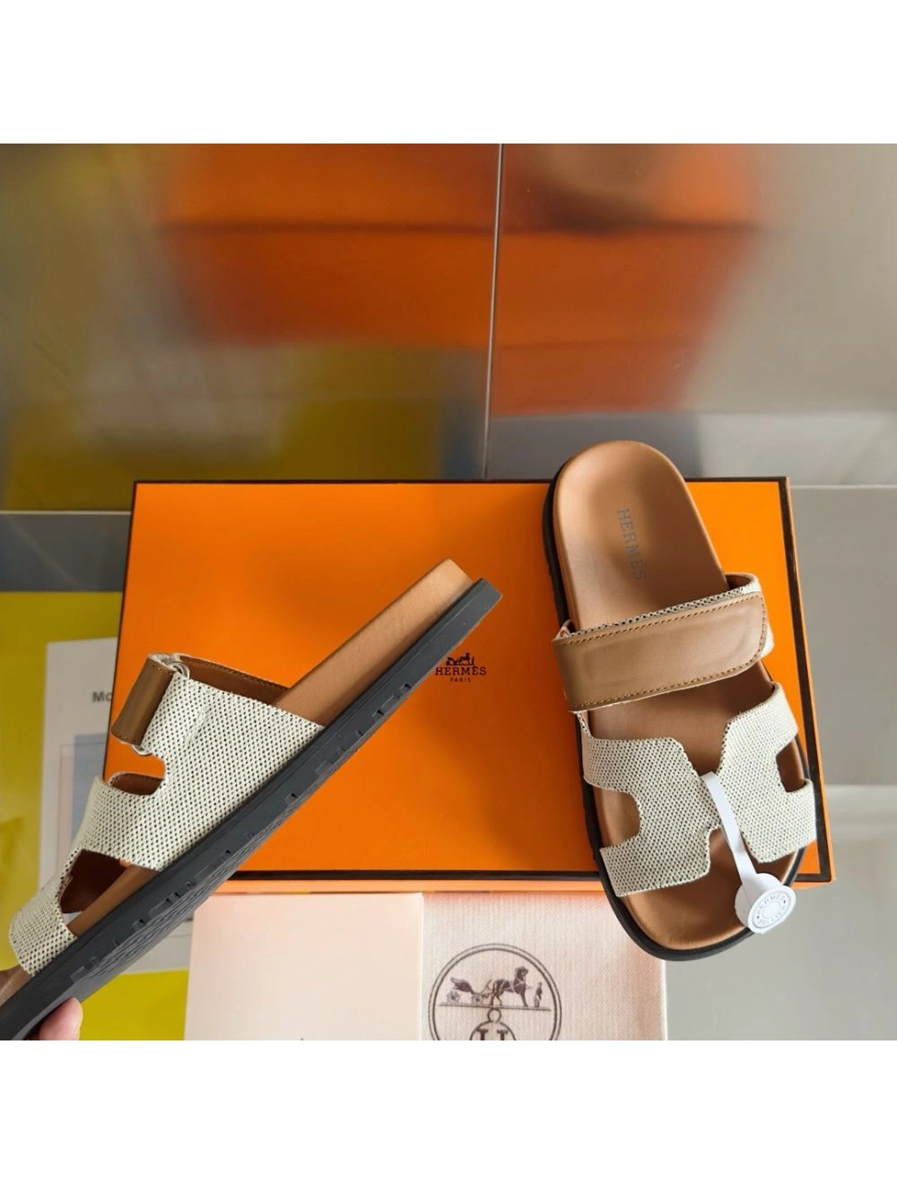 Hermes Women’s Chypre Sandals In Canvas with Brown Leather