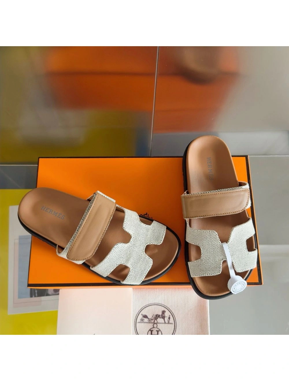 Hermes Women’s Chypre Sandals In Canvas with Brown Leather