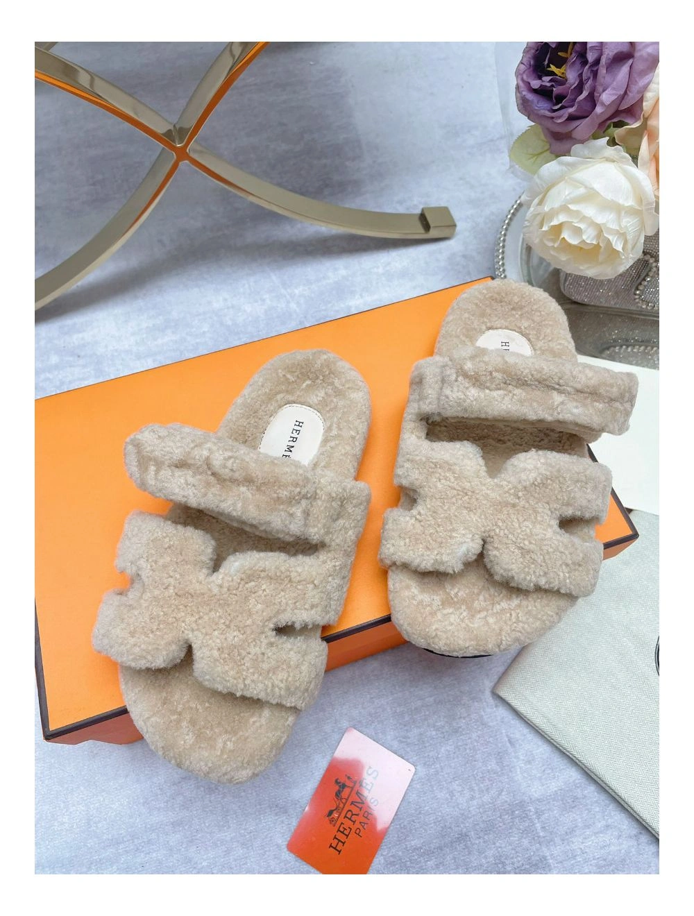 Hermes Women’s Chypre Sandals In Off White Shearling