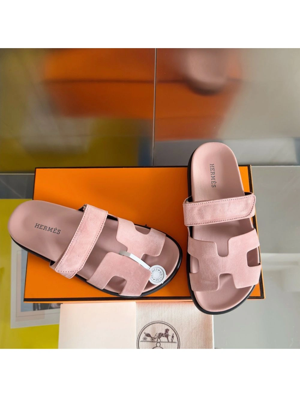 Hermes Women’s Chypre Sandals In Pink Suede Calfskin