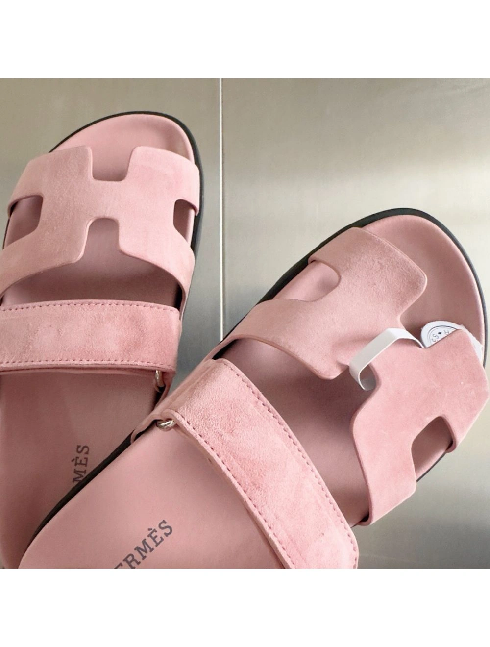 Hermes Women’s Chypre Sandals In Pink Suede Calfskin