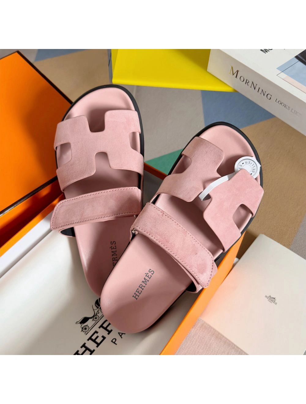 Hermes Women’s Chypre Sandals In Pink Suede Calfskin