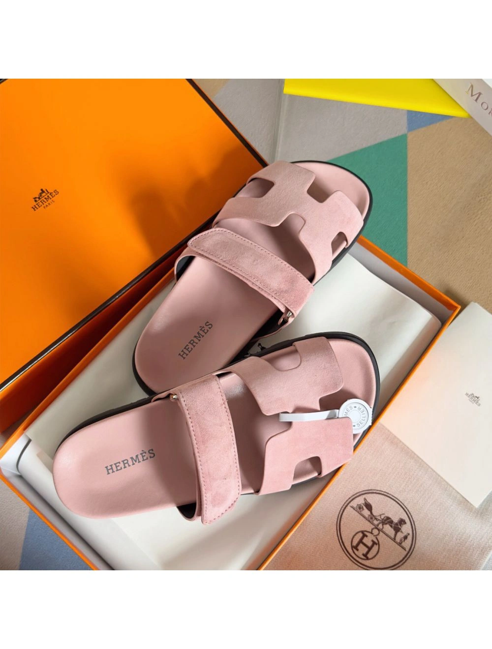 Hermes Women’s Chypre Sandals In Pink Suede Calfskin