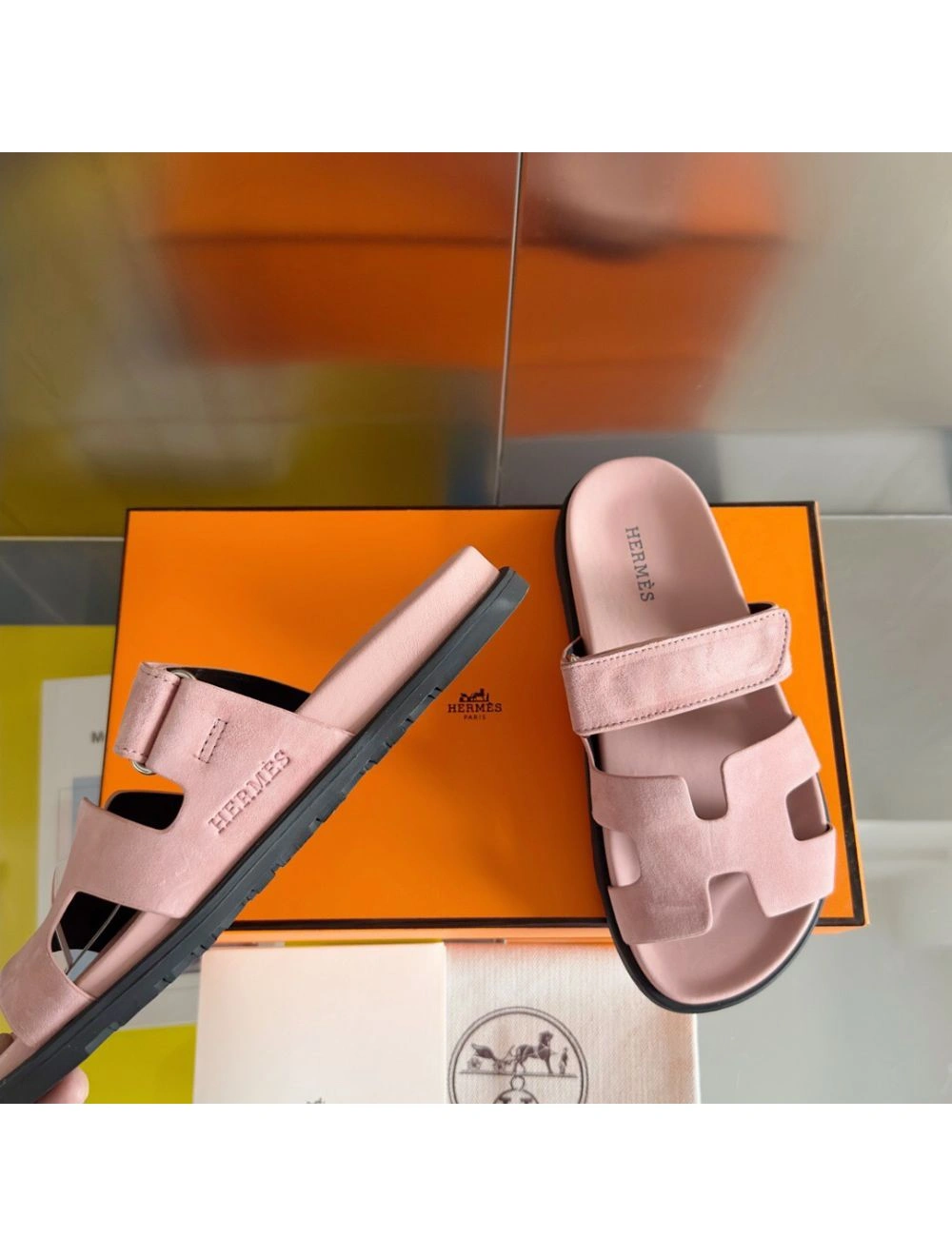 Hermes Women’s Chypre Sandals In Pink Suede Calfskin