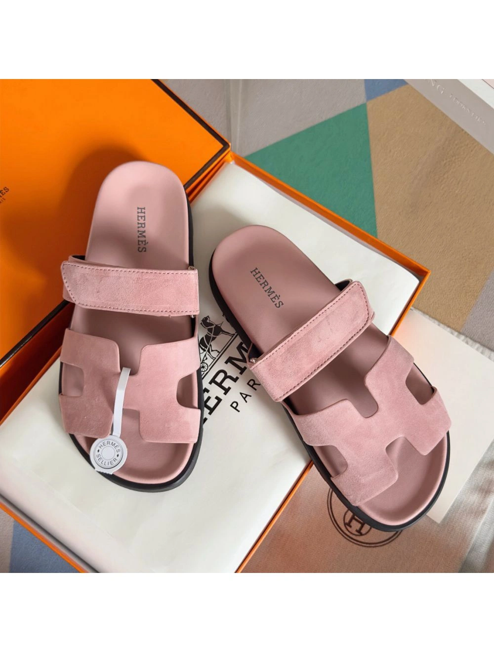 Hermes Women’s Chypre Sandals In Pink Suede Calfskin