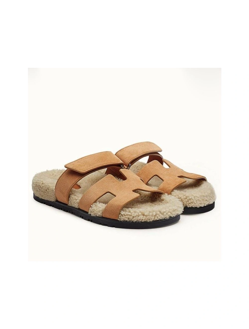 Hermes Women’s Chypre Sandals in Beige Suede with Shearling