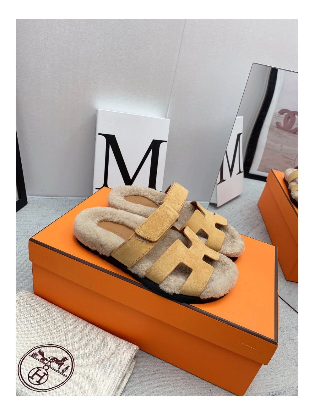 Hermes Women’s Chypre Sandals in Beige Suede with Shearling