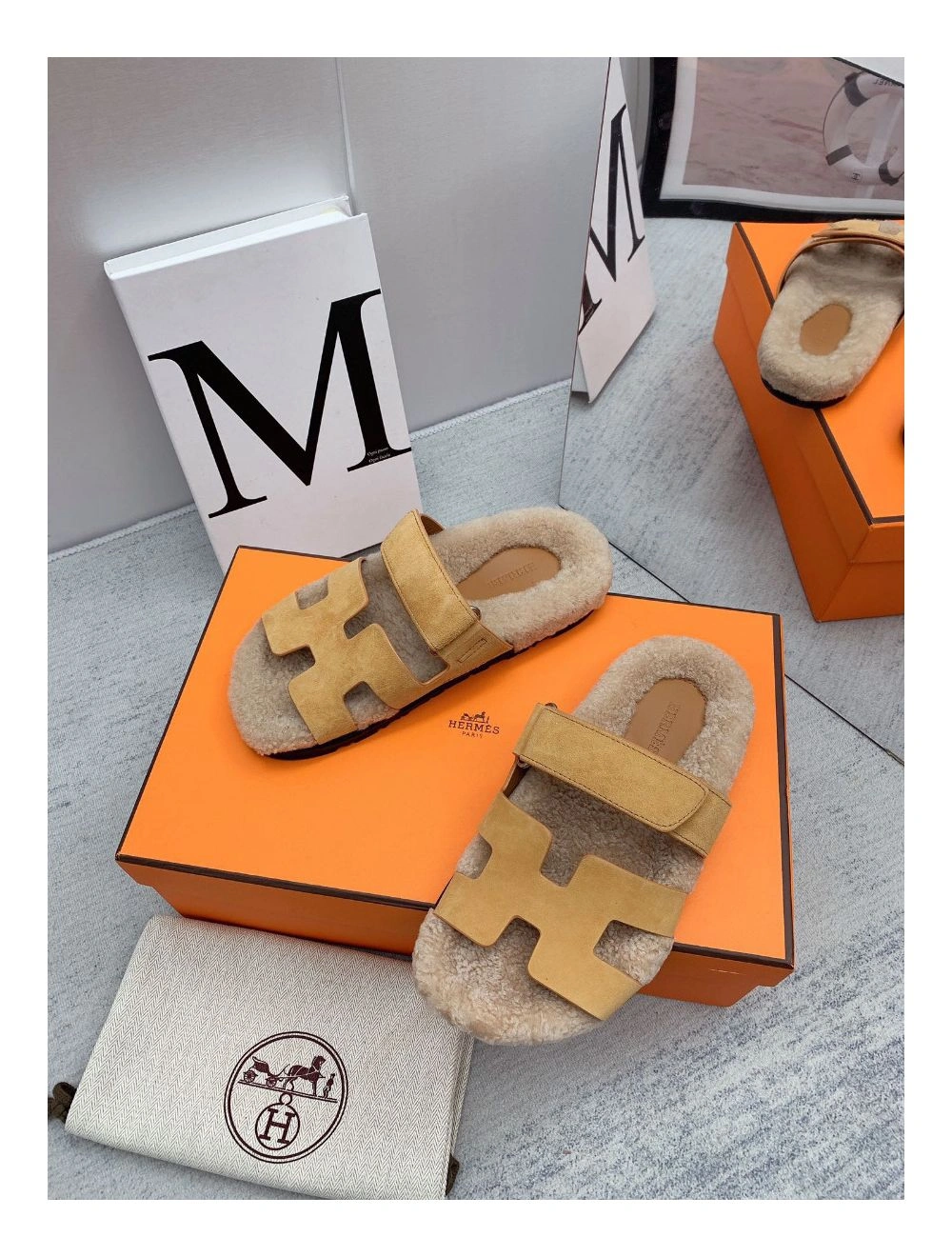 Hermes Women’s Chypre Sandals in Beige Suede with Shearling