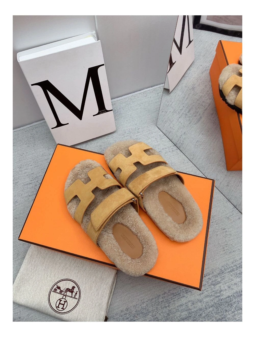 Hermes Women’s Chypre Sandals in Beige Suede with Shearling