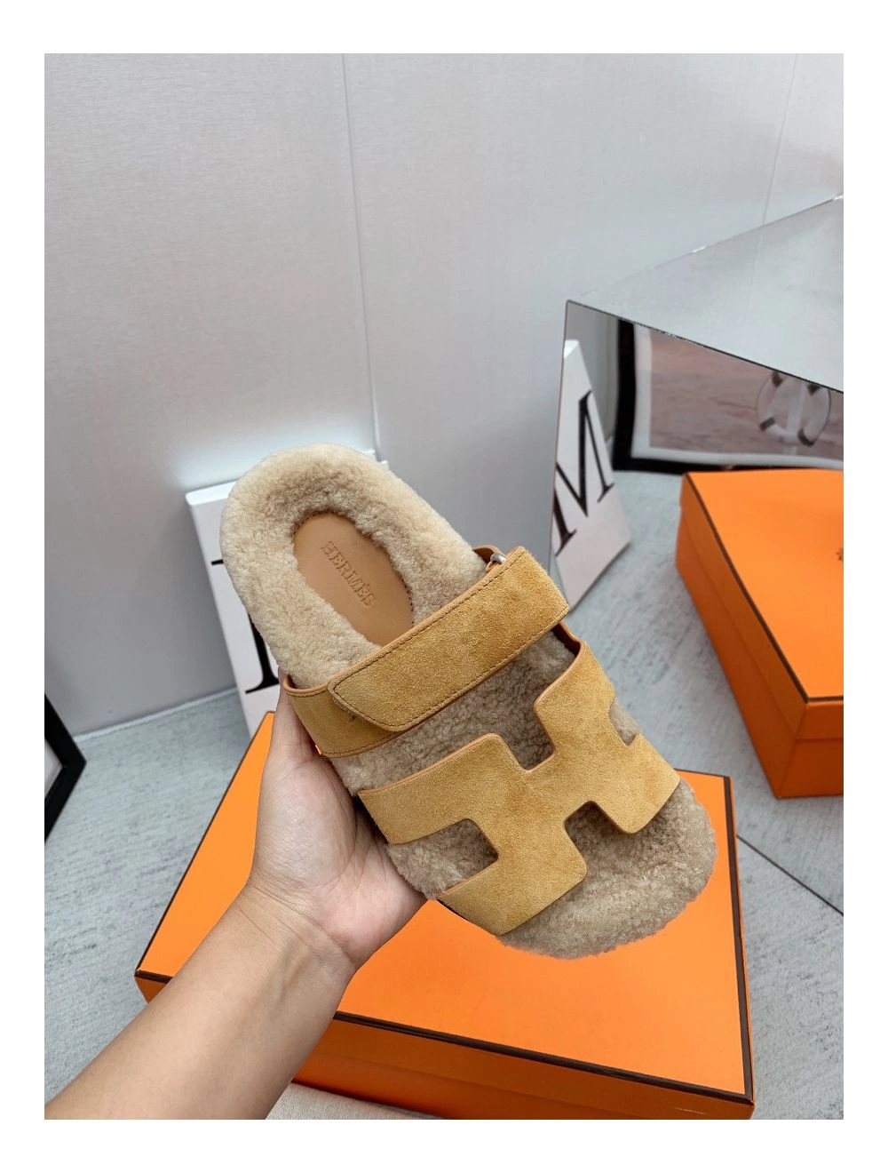 Hermes Women’s Chypre Sandals in Beige Suede with Shearling
