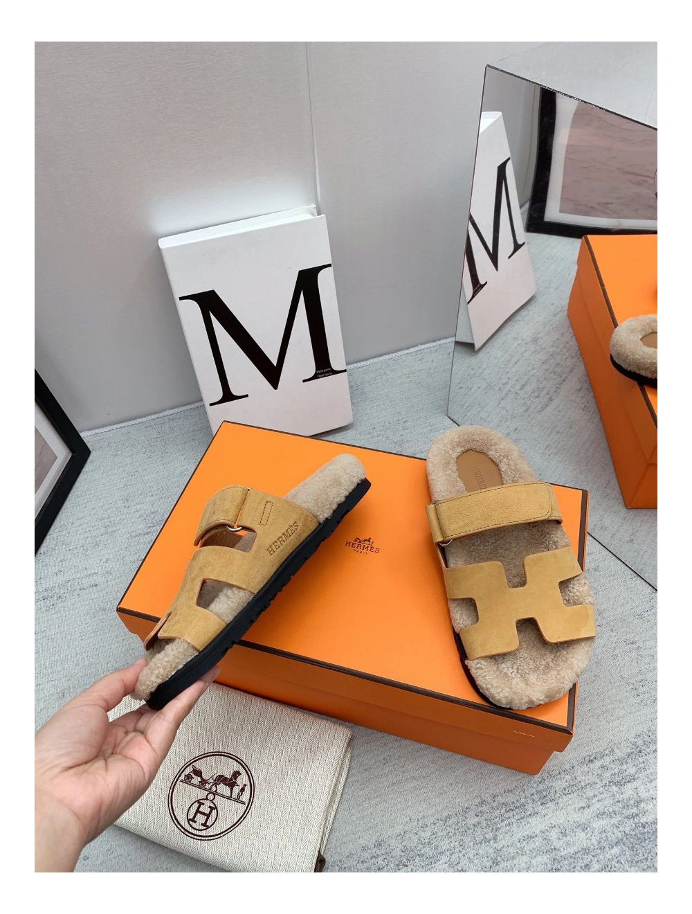 Hermes Women’s Chypre Sandals in Beige Suede with Shearling