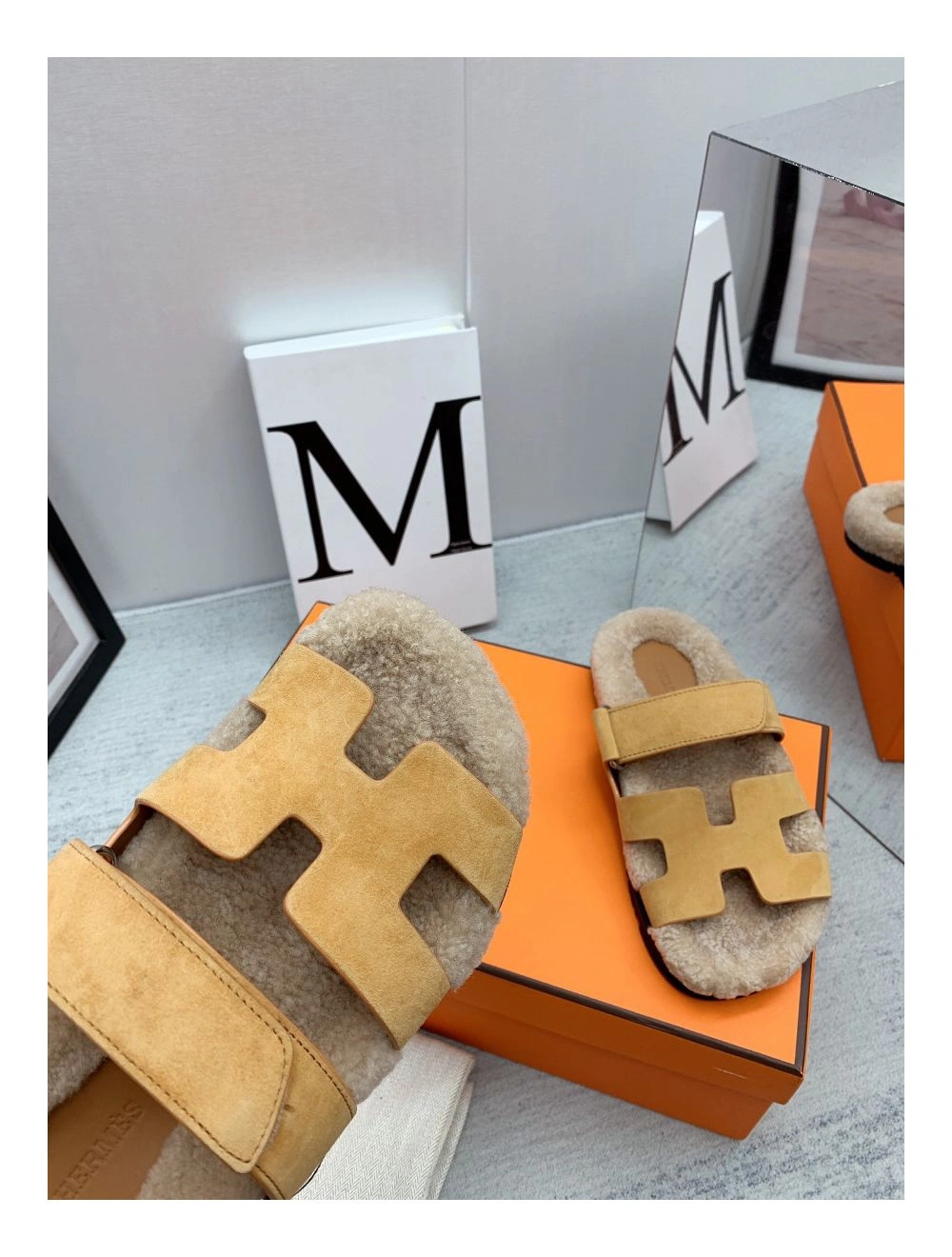 Hermes Women’s Chypre Sandals in Beige Suede with Shearling