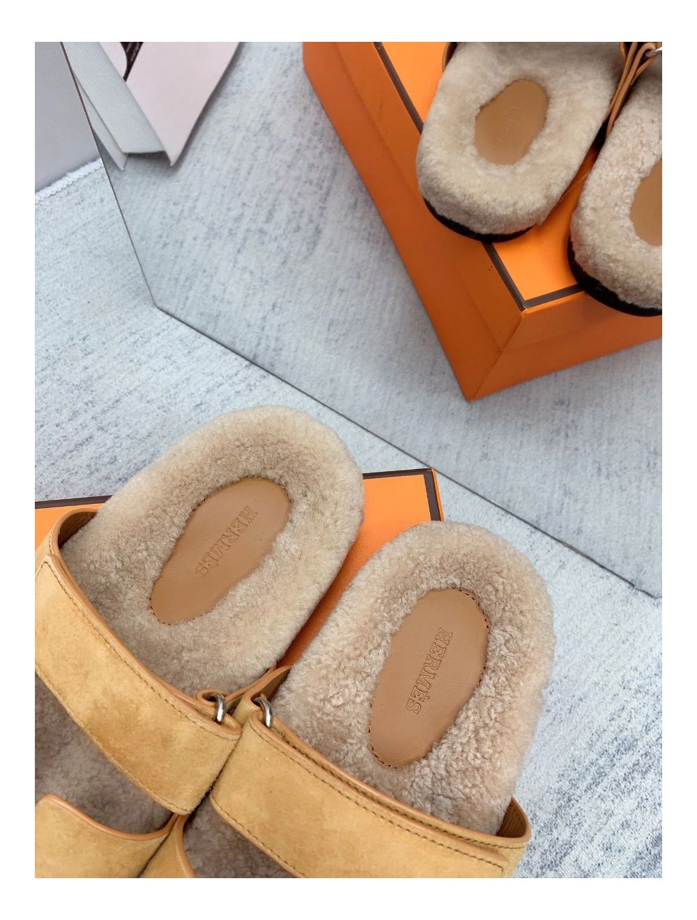 Hermes Women’s Chypre Sandals in Beige Suede with Shearling