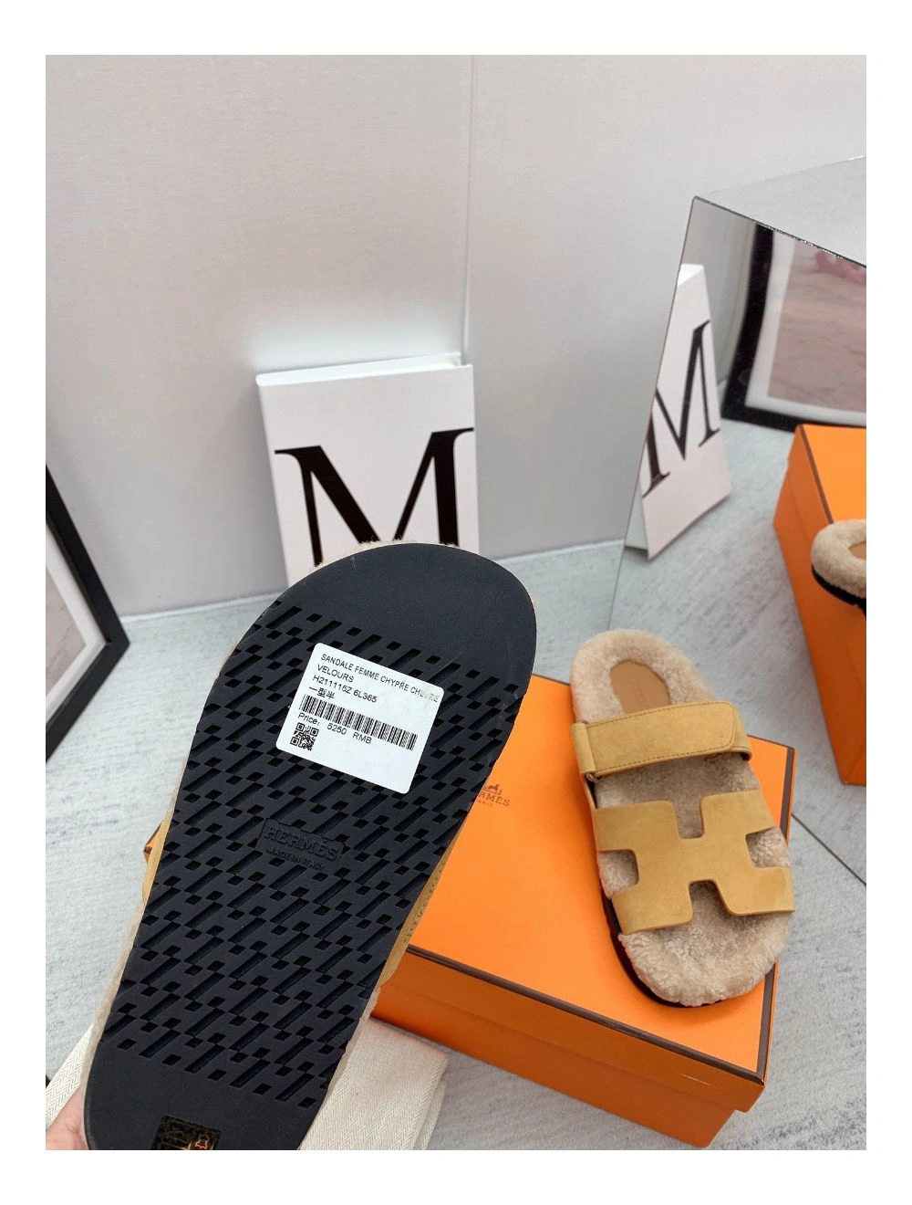 Hermes Women’s Chypre Sandals in Beige Suede with Shearling