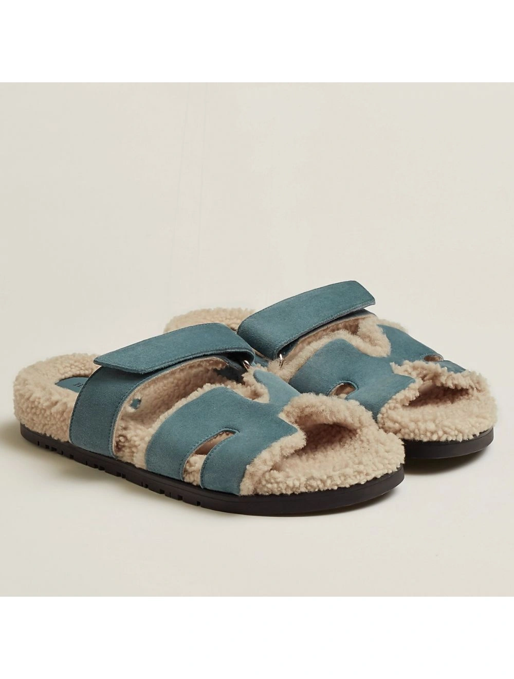 Hermes Women’s Chypre Sandals in Blue Suede with Shearling