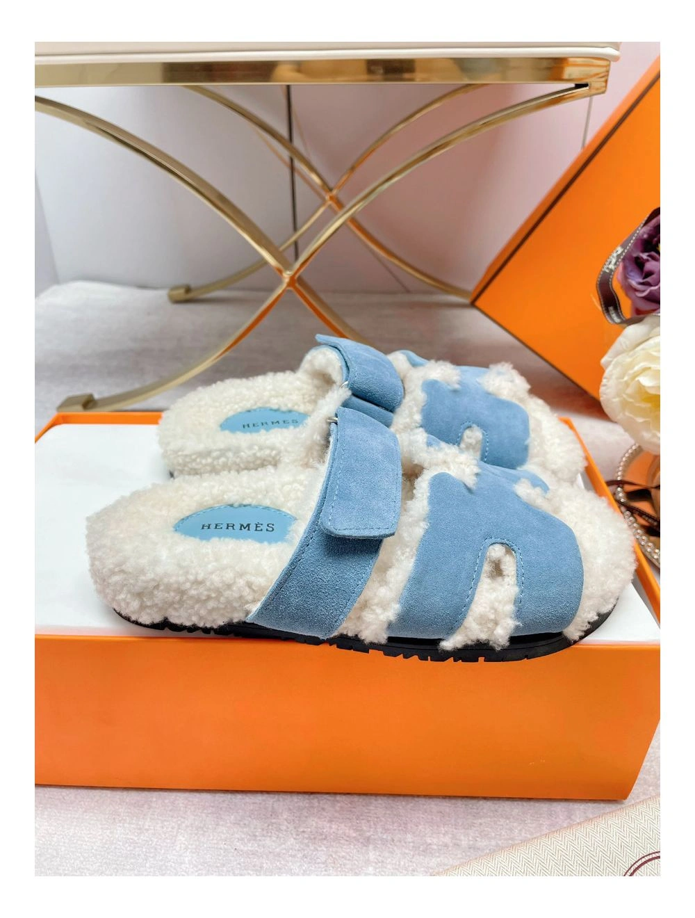 Hermes Women’s Chypre Sandals in Blue Suede with Shearling