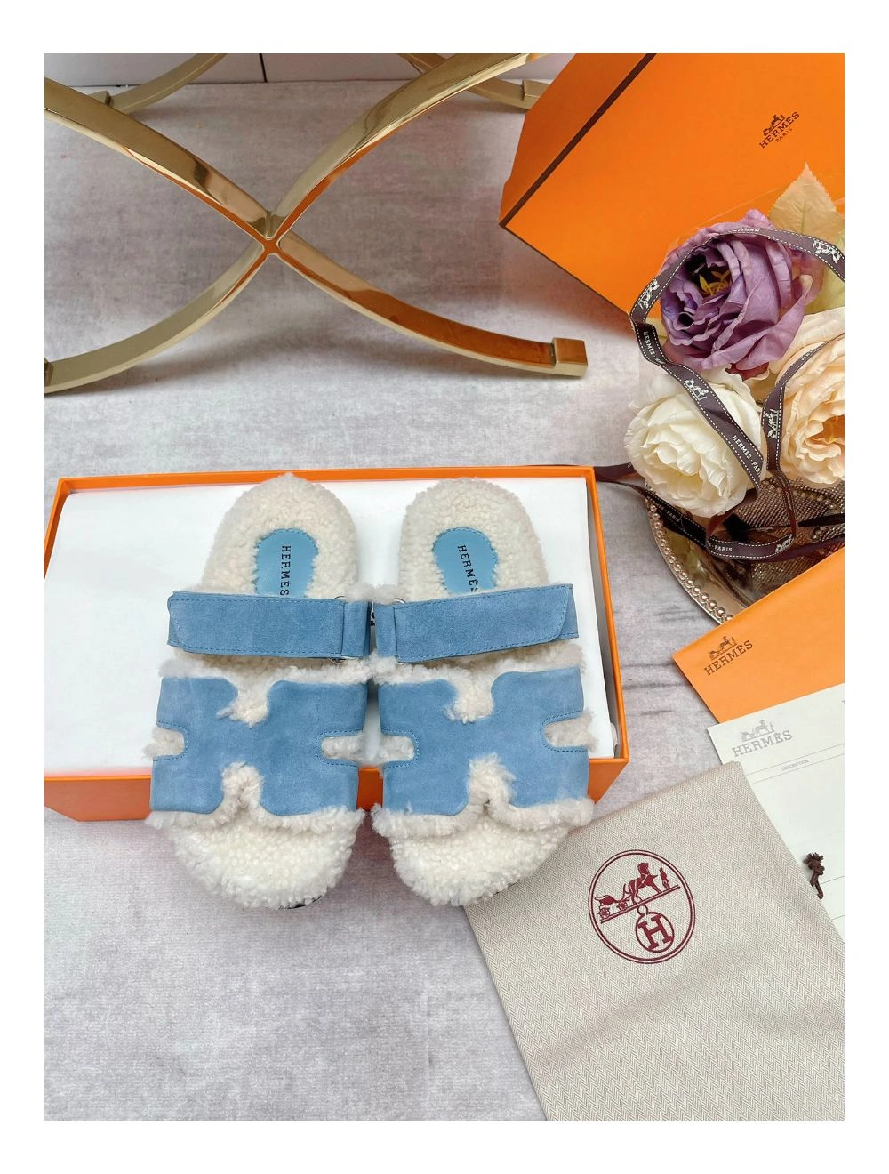 Hermes Women’s Chypre Sandals in Blue Suede with Shearling