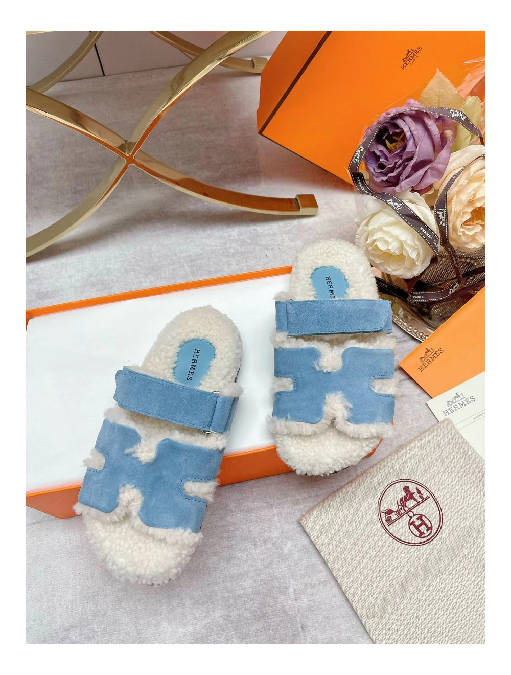 Hermes Women’s Chypre Sandals in Blue Suede with Shearling