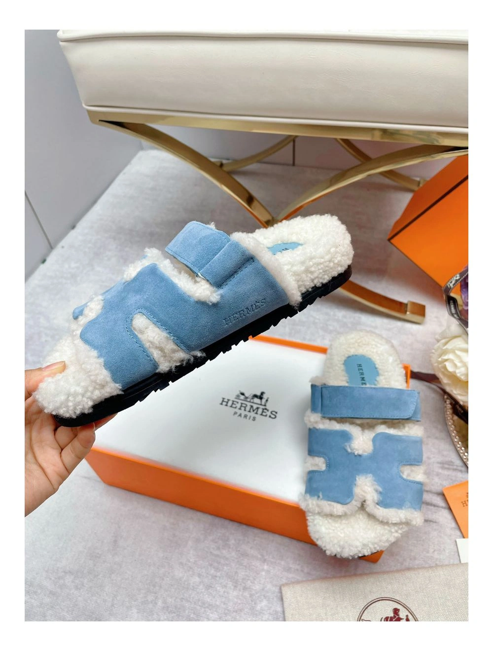 Hermes Women’s Chypre Sandals in Blue Suede with Shearling