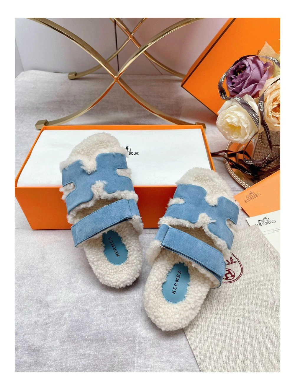 Hermes Women’s Chypre Sandals in Blue Suede with Shearling