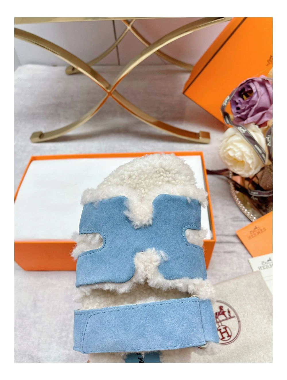 Hermes Women’s Chypre Sandals in Blue Suede with Shearling