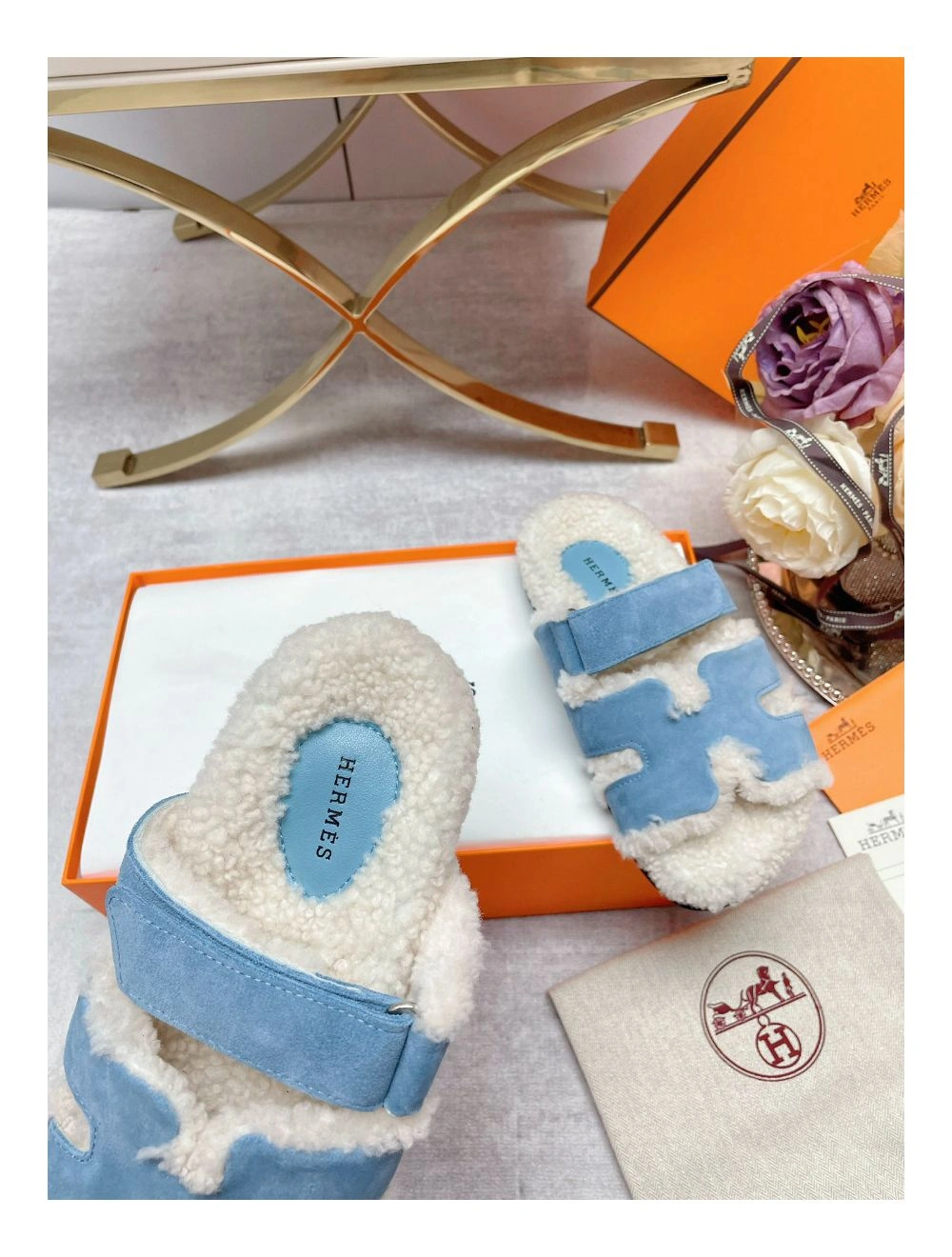 Hermes Women’s Chypre Sandals in Blue Suede with Shearling