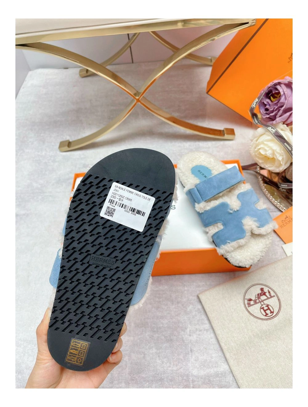 Hermes Women’s Chypre Sandals in Blue Suede with Shearling