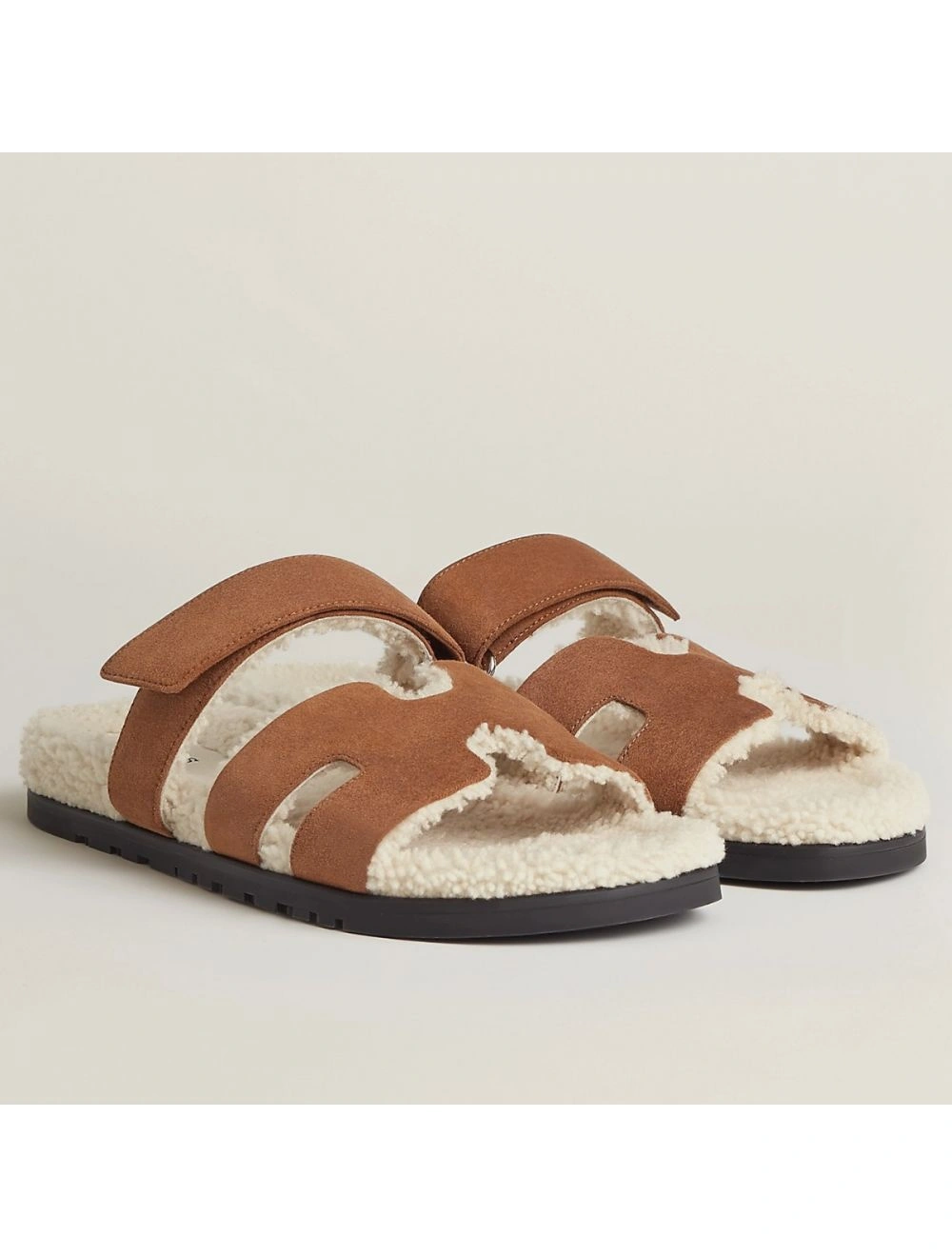Hermes Women’s Chypre Sandals in Tan Suede with Shearling