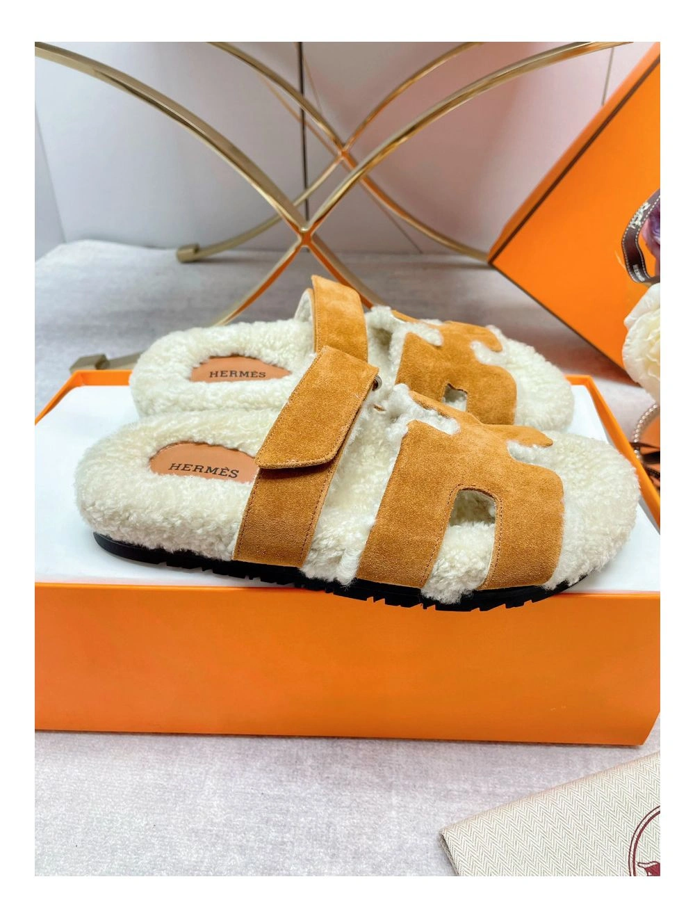 Hermes Women’s Chypre Sandals in Tan Suede with Shearling