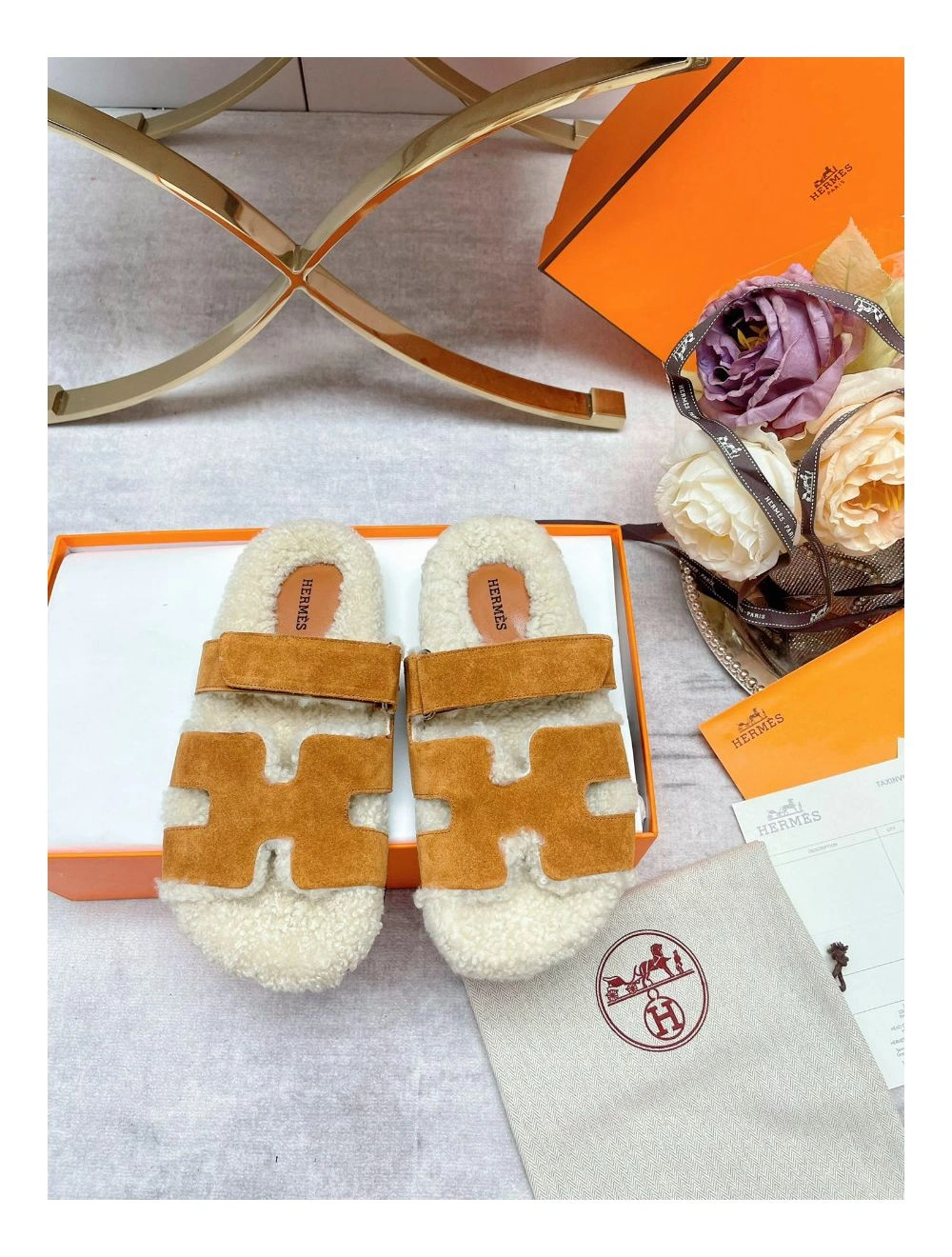 Hermes Women’s Chypre Sandals in Tan Suede with Shearling