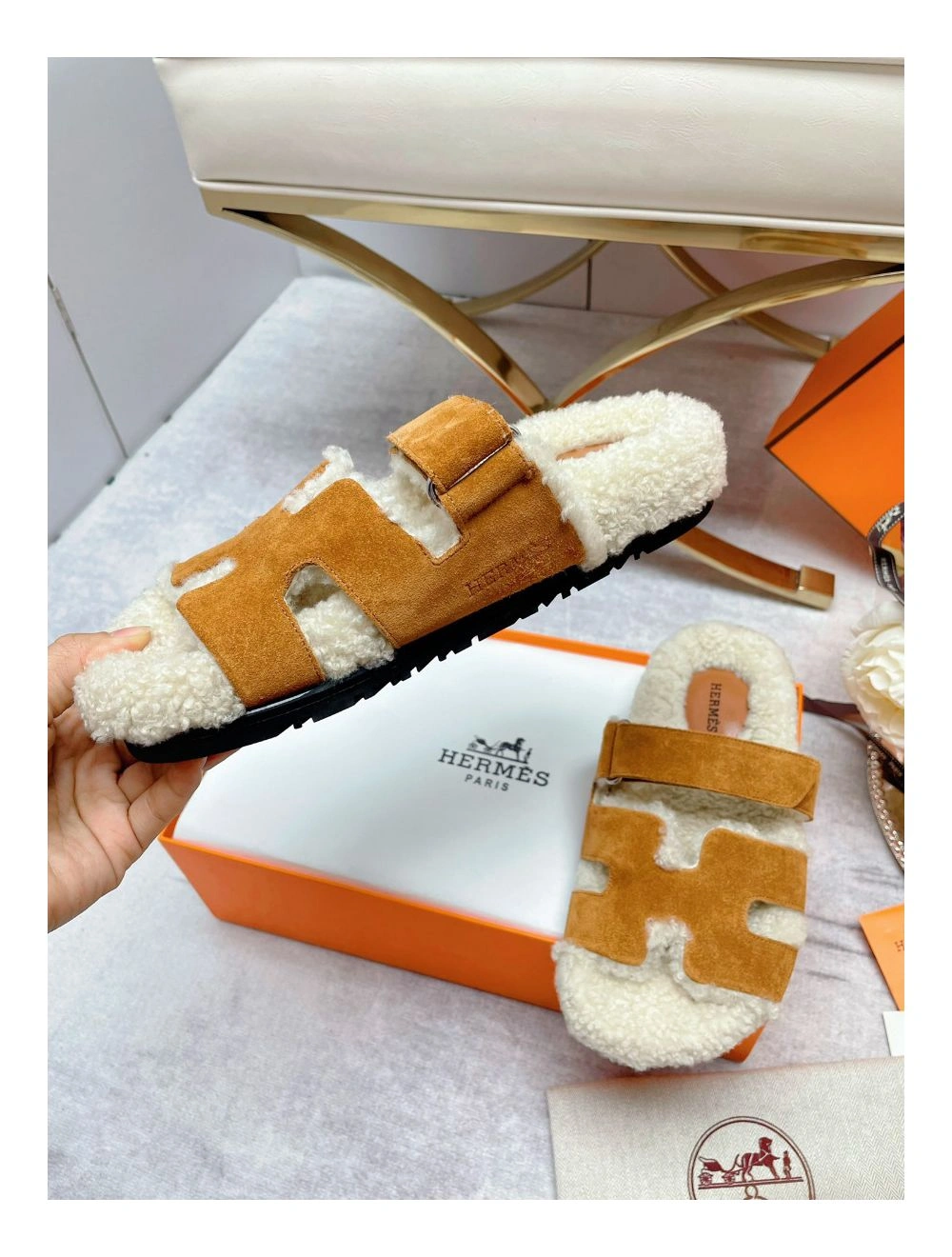 Hermes Women’s Chypre Sandals in Tan Suede with Shearling