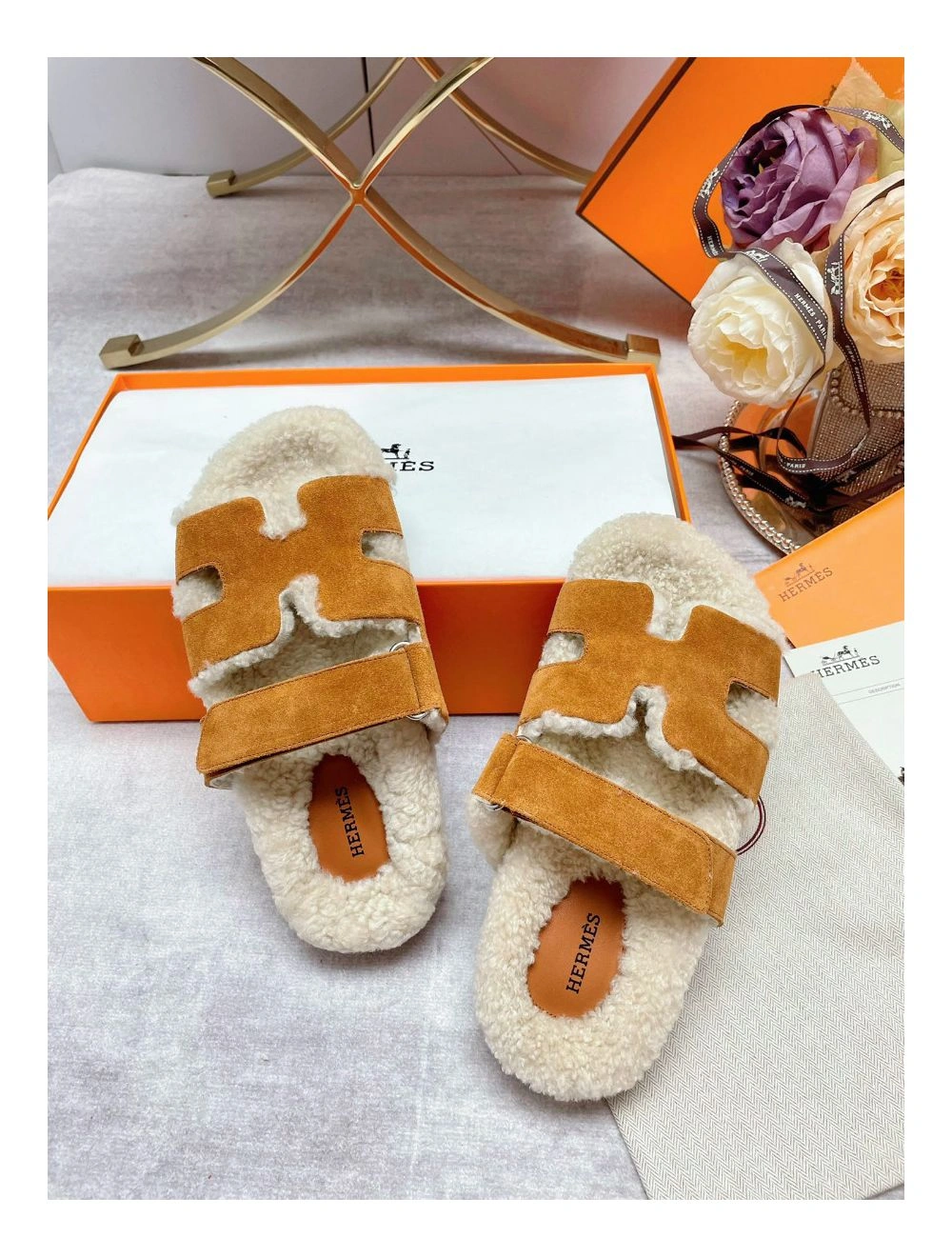 Hermes Women’s Chypre Sandals in Tan Suede with Shearling