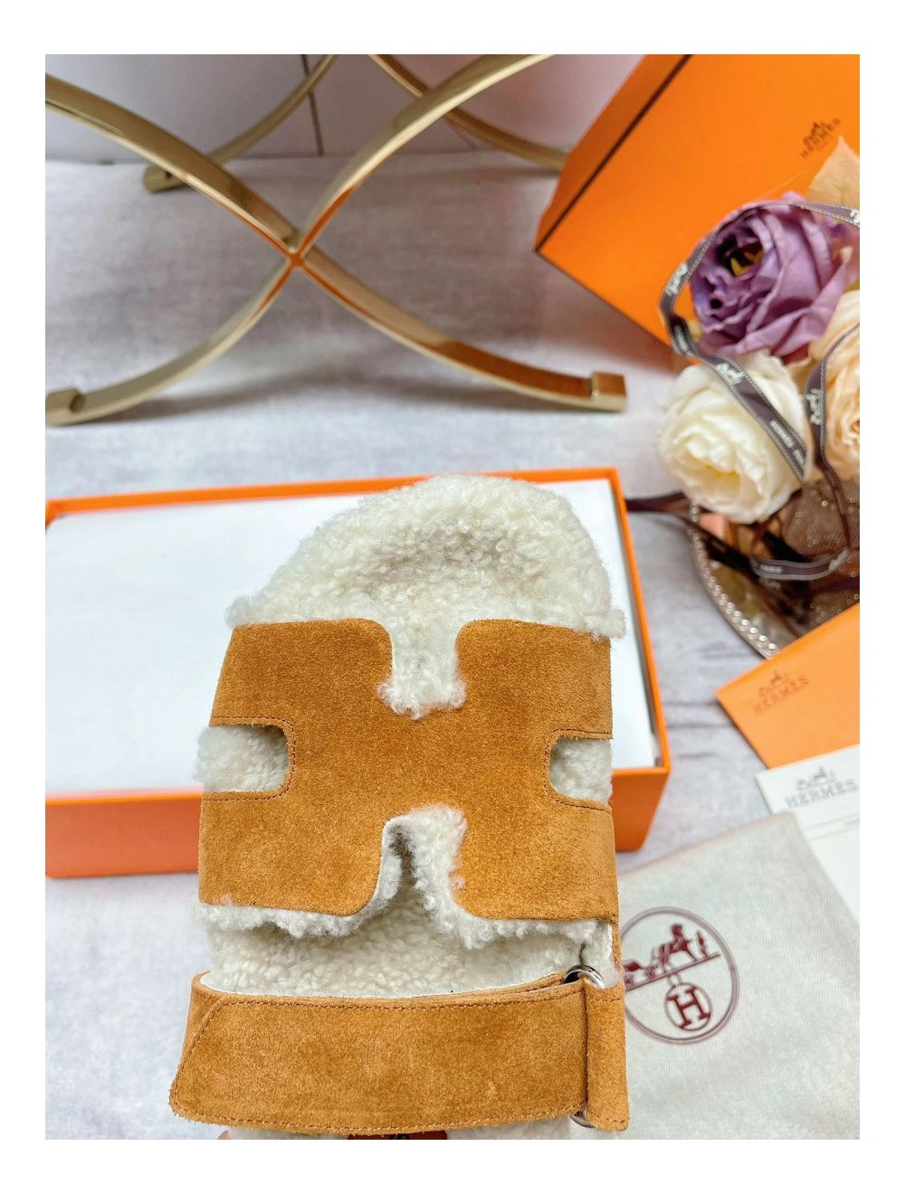 Hermes Women’s Chypre Sandals in Tan Suede with Shearling