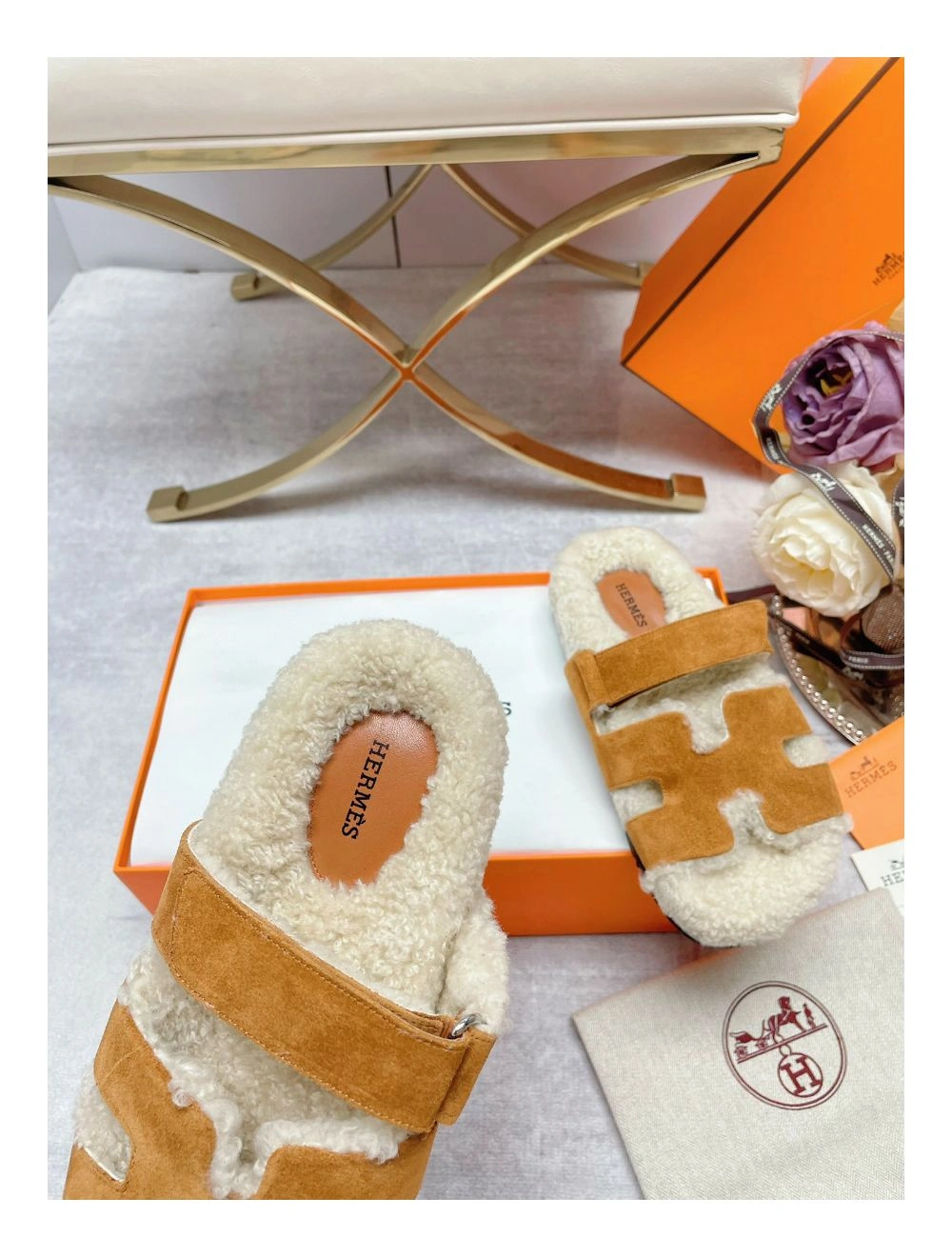 Hermes Women’s Chypre Sandals in Tan Suede with Shearling