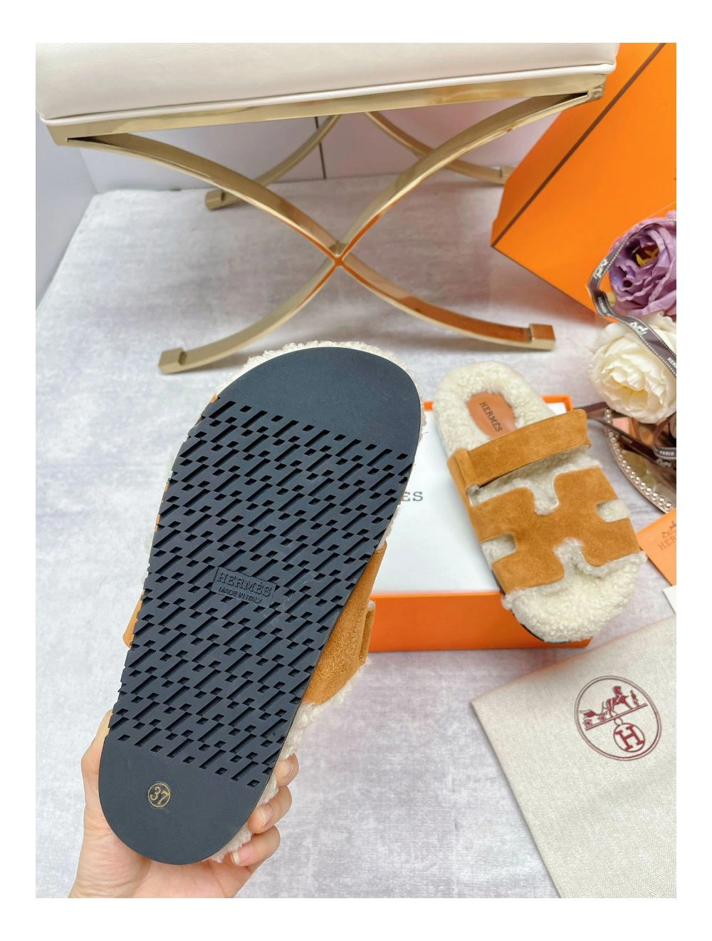 Hermes Women’s Chypre Sandals in Tan Suede with Shearling