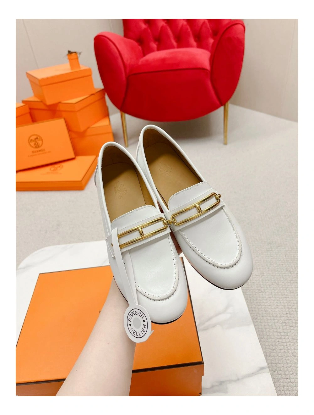 Hermes Women’s Colette Loafers in White Leather