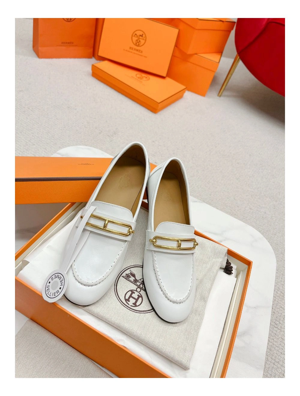 Hermes Women’s Colette Loafers in White Leather