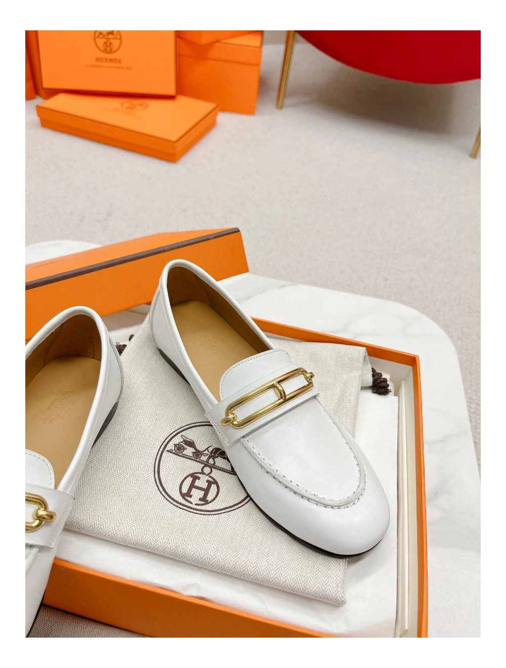 Hermes Women’s Colette Loafers in White Leather