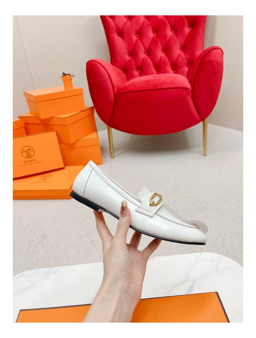 Hermes Women’s Colette Loafers in White Leather