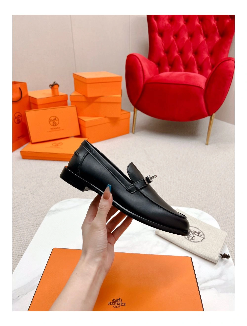 Hermes Women’s Destin Loafers in Black Leather